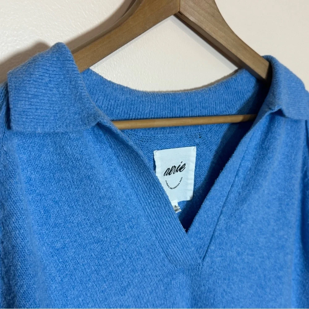Aerie Oversized Blue unREAL V-Neck Baggy Collared Polo Sweater - Large - Picture 7 of 16